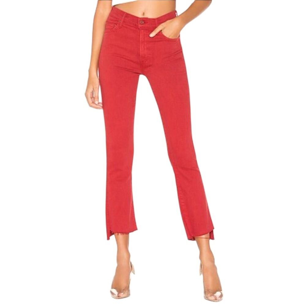 NWT MOTHER The Insider Crop Step Fray Coated Jeans in New Years Red